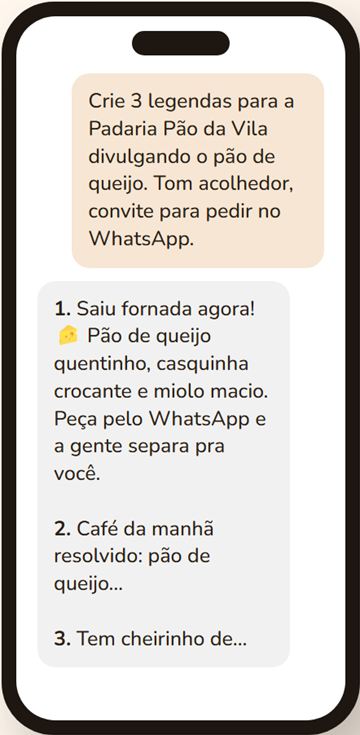 Celular com um pedido à IA e a resposta com legendas para uma padaria fictícia
