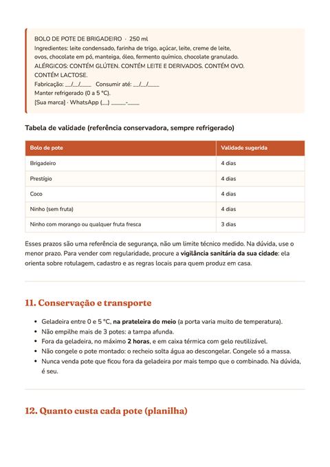 Página com o modelo de etiqueta e a tabela de validade
