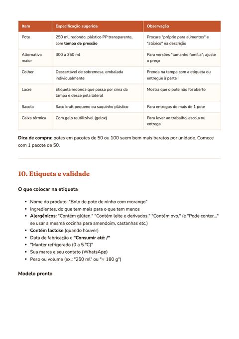 Página com a tabela de pote, colher e lacre recomendados
