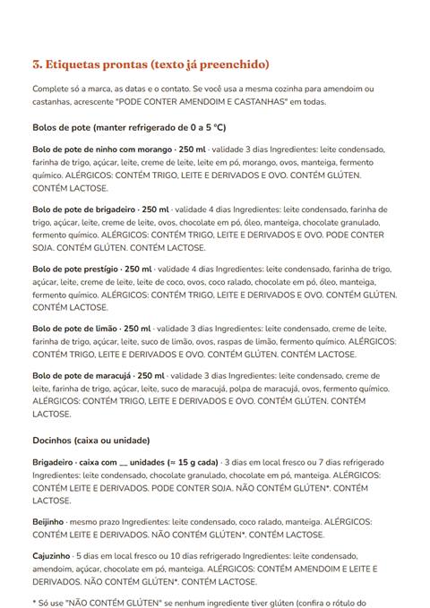 Página de etiquetas prontas com ingredientes, alergênicos e validade