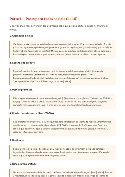 Página do kit com os prompts de calendário do mês, legenda de produto e post de promoção